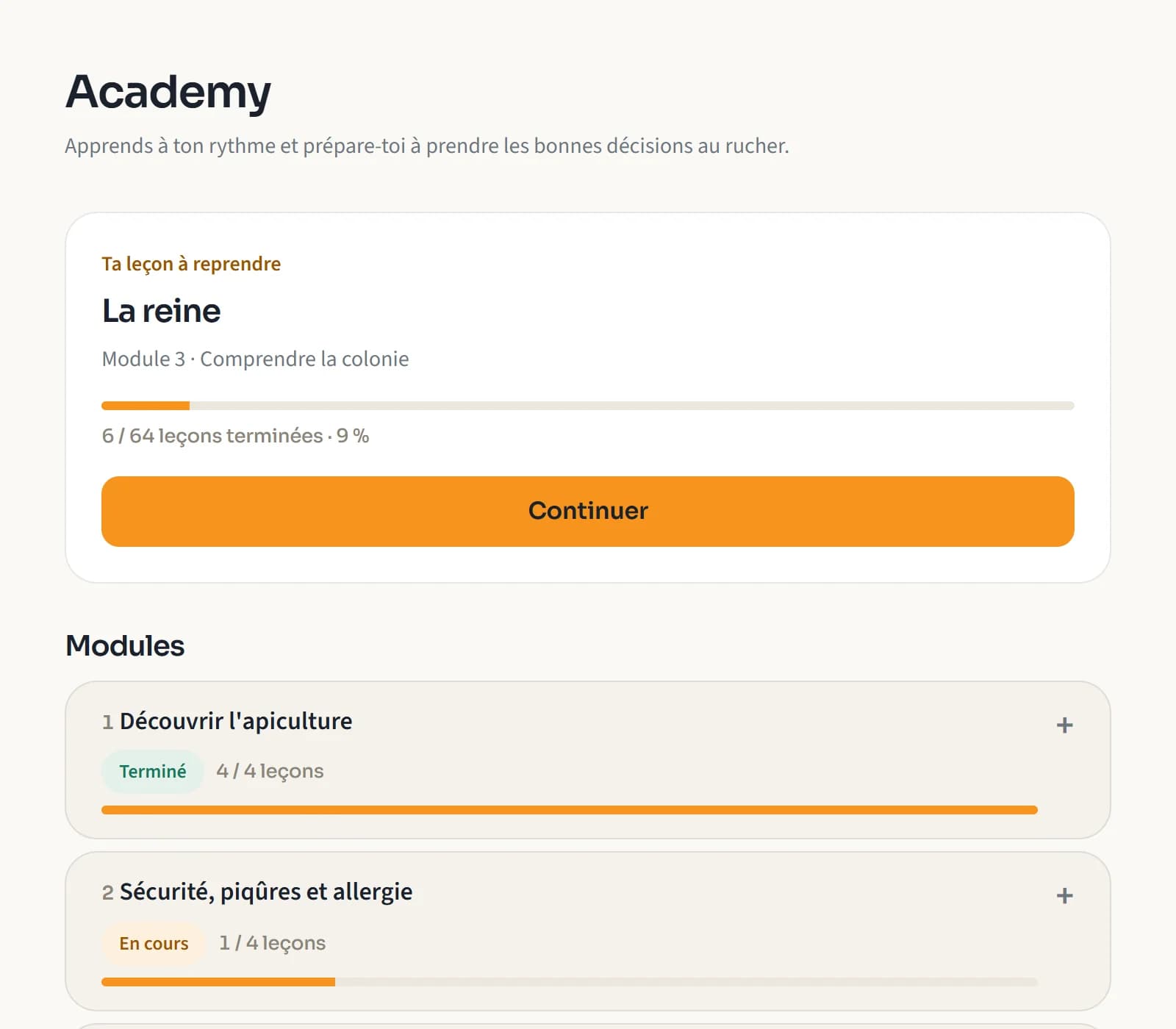 L’Academy dans l’application Hapiary : la leçon à reprendre, la progression et les modules.