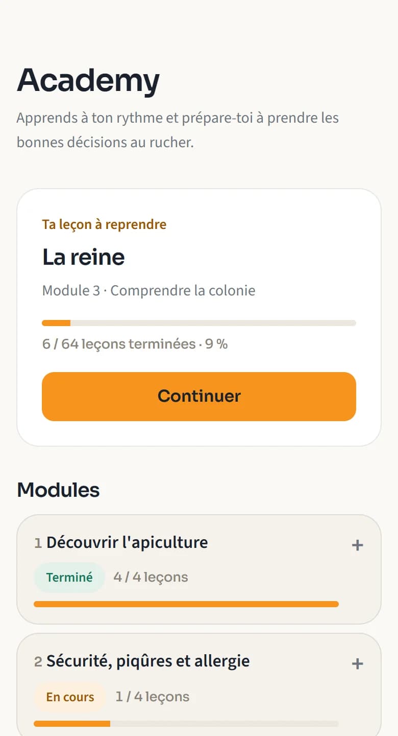 L’Academy dans l’application Hapiary : la leçon à reprendre, la progression et les modules.